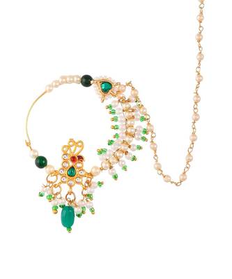 Gold Plated Green & White Pearls Chained Meenakari Nose Ring 3