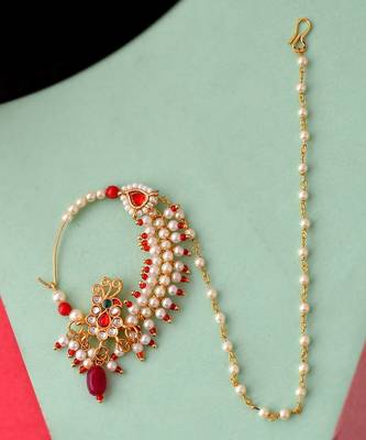 Gold Plated Red & White Pearls Chained Meenakari Nose Ring 1