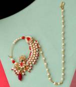 Gold Plated Red & White Pearls Chained Meenakari Nose Ring