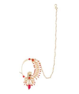 Gold Plated Red & White Pearls Chained Meenakari Nose Ring 2