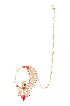 Gold Plated Red & White Pearls Chained Meenakari Nose Ring