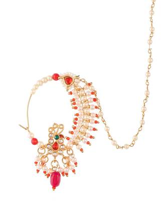 Gold Plated Red & White Pearls Chained Meenakari Nose Ring 3