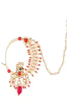 Gold Plated Red & White Pearls Chained Meenakari Nose Ring