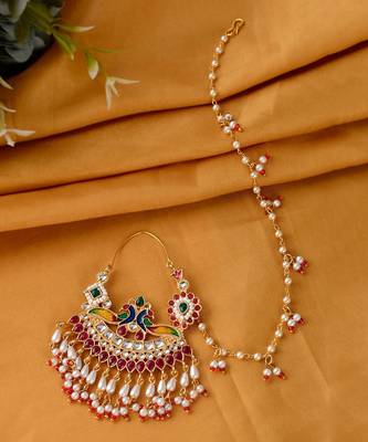 Gold plated kundan meenakari Nosering with chain 1