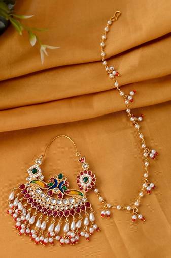 Gold plated kundan meenakari Nosering with chain