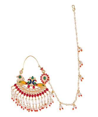Gold plated kundan meenakari Nosering with chain 2