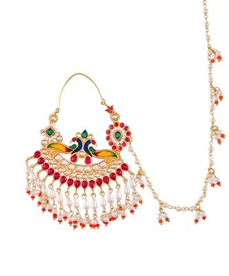 Gold plated kundan meenakari Nosering with chain 3