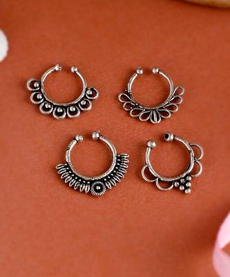 Set of 4 Oxidised Carving Septum Ring 1