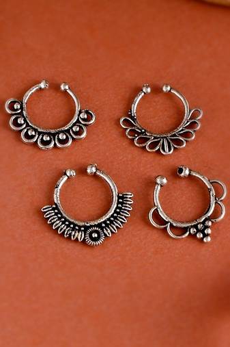 Set of 4 Oxidised Carving Septum Ring