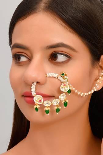 Pearl Bridal Chained Kundan Nose Ring for Wedding
