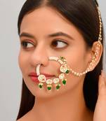 Pearl Bridal Chained Kundan Nose Ring for Wedding