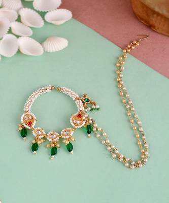 Pearl Bridal Chained Kundan Nose Ring for Wedding 2