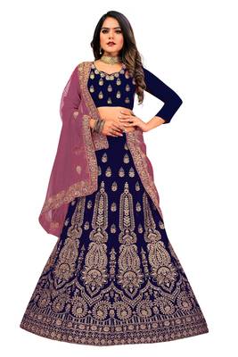 Blue embroidered velvet semi stitched lehenga 1