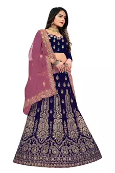 Blue embroidered velvet semi stitched lehenga