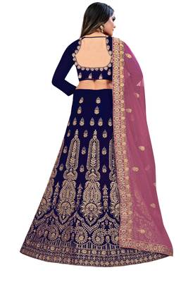 Blue embroidered velvet semi stitched lehenga 3