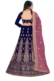 Blue embroidered velvet semi stitched lehenga