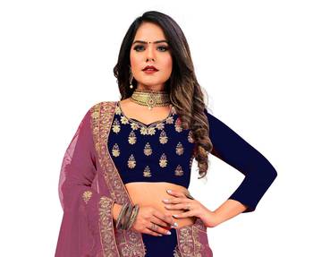 Blue embroidered velvet semi stitched lehenga 4
