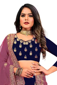 Blue embroidered velvet semi stitched lehenga
