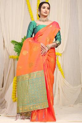 Orange Woven silk blend Saree With Blouse 2