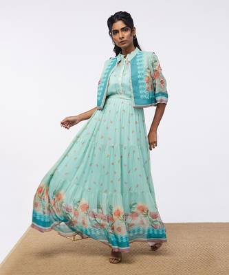 Blooming Bud Printed Tiered Dress With Jacket 1