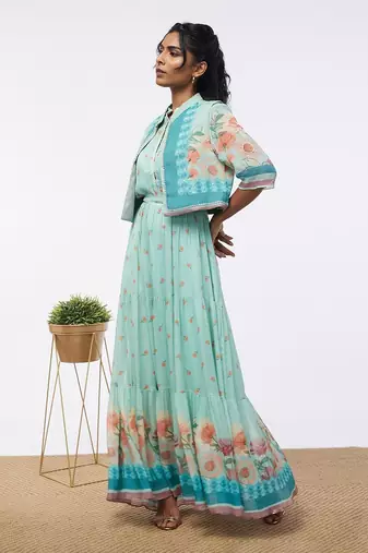 Blooming Bud Printed Tiered Dress With Jacket