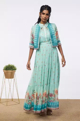 Blooming Bud Printed Tiered Dress With Jacket