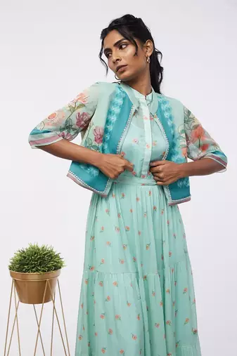Blooming Bud Printed Tiered Dress With Jacket