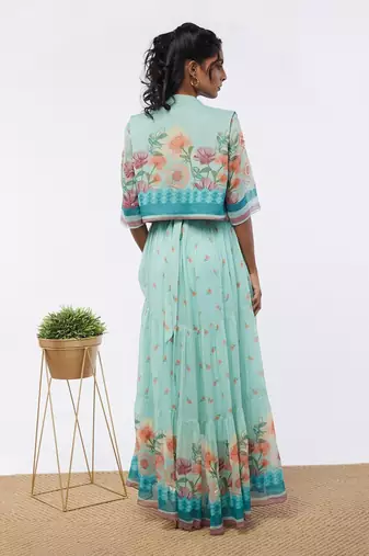 Blooming Bud Printed Tiered Dress With Jacket