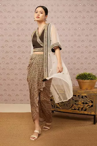 Sarouk Printed Drape Skirt Set With Jacket