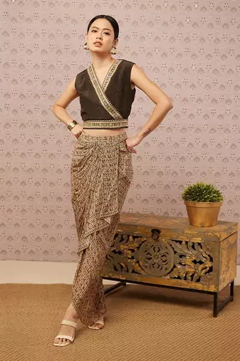 Sarouk Printed Drape Skirt Set With Jacket