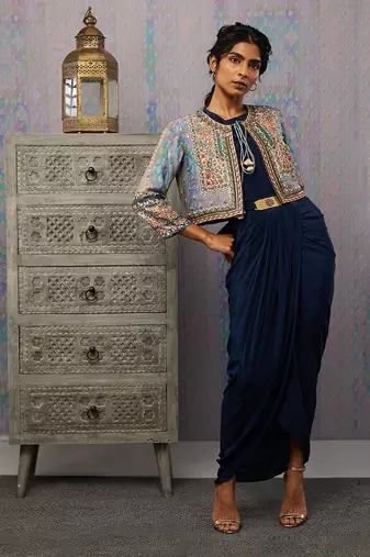 Ikaya Embroidered Drape Dress With Jacket