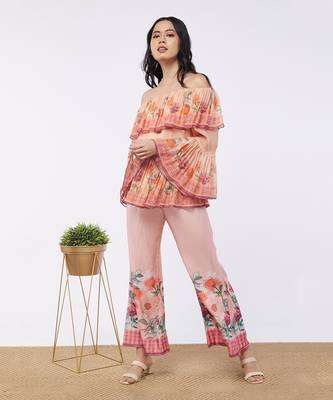Blooming Bud Printed Off-Shoulder Embroidered Top With Flared Pants 1
