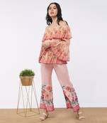 Blooming Bud Printed Off-Shoulder Embroidered Top With Flared Pants