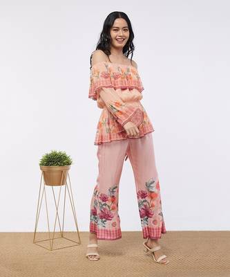 Blooming Bud Printed Off-Shoulder Embroidered Top With Flared Pants 2