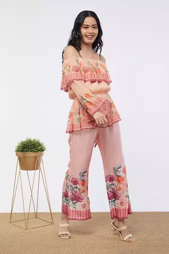 Blooming Bud Printed Off-Shoulder Embroidered Top With Flared Pants