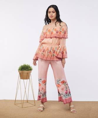 Blooming Bud Printed Off-Shoulder Embroidered Top With Flared Pants 3