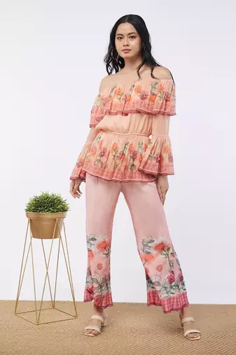 Blooming Bud Printed Off-Shoulder Embroidered Top With Flared Pants