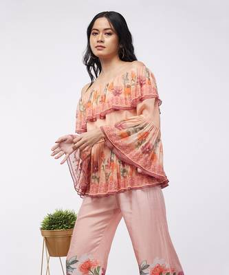 Blooming Bud Printed Off-Shoulder Embroidered Top With Flared Pants 4