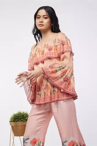 Blooming Bud Printed Off-Shoulder Embroidered Top With Flared Pants