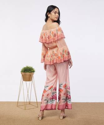 Blooming Bud Printed Off-Shoulder Embroidered Top With Flared Pants 5