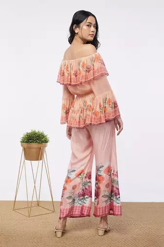 Blooming Bud Printed Off-Shoulder Embroidered Top With Flared Pants