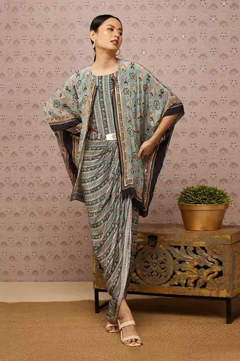 Sarouk Embroidered Drape Dress With Cape