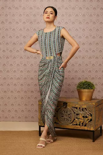 Sarouk Embroidered Drape Dress With Cape