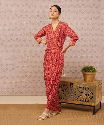 Bandhej Printed Overlap Drape Dress 1
