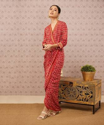 Bandhej Printed Overlap Drape Dress 2