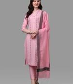 Gruhnaree Pink Floral Yoke Design A-Line Kurta with Trousers with Duppta