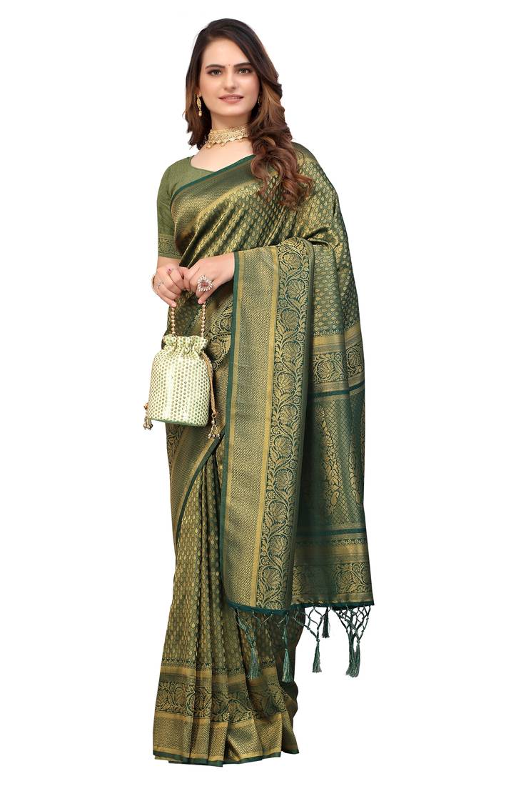 Green woven silk blend saree with blouse