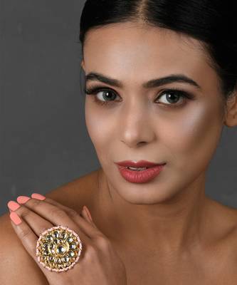 Gold-toned kundan embellished pearl beaded Adjustable ring. 1