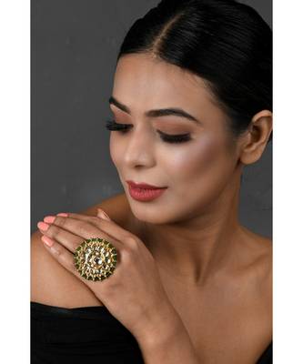 Classic Gold Tone Kundan-Inspired Pearl Beaded Adjustable Ring 1