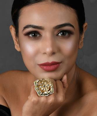 Gold Tone Kundan Adjustable Ring With Pearls 1